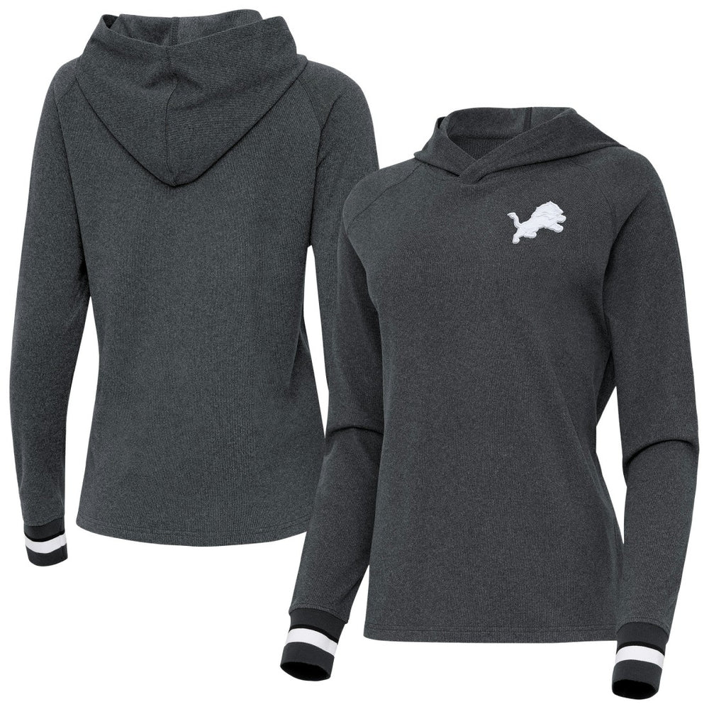 Detroit Lions Antigua Women's Trek Raglan Pullover Hoodie - Heather Charcoal Hoodies