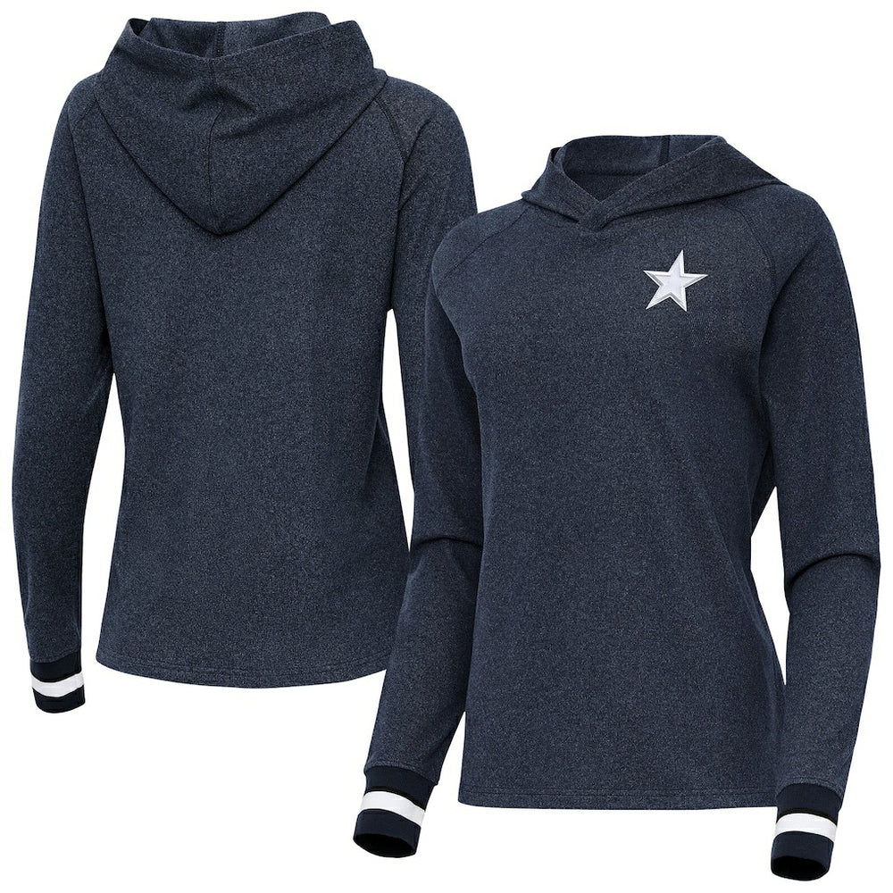Dallas Cowboys Antigua Women's Trek Raglan Pullover Hoodie - Heather Navy Hoodies