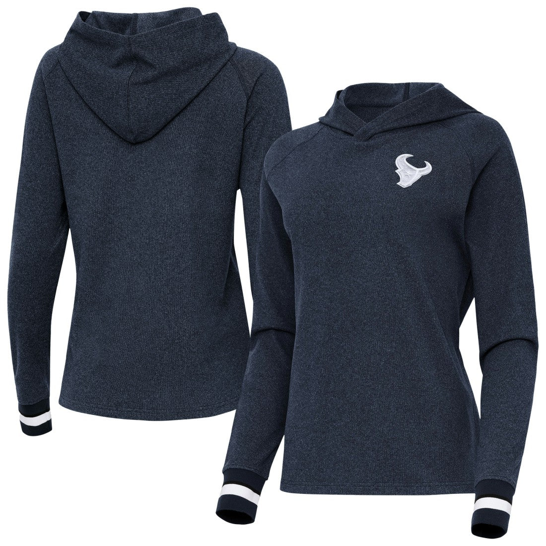 Houston Texans Antigua Women's Trek Raglan Pullover Hoodie - Heather Navy Hoodies