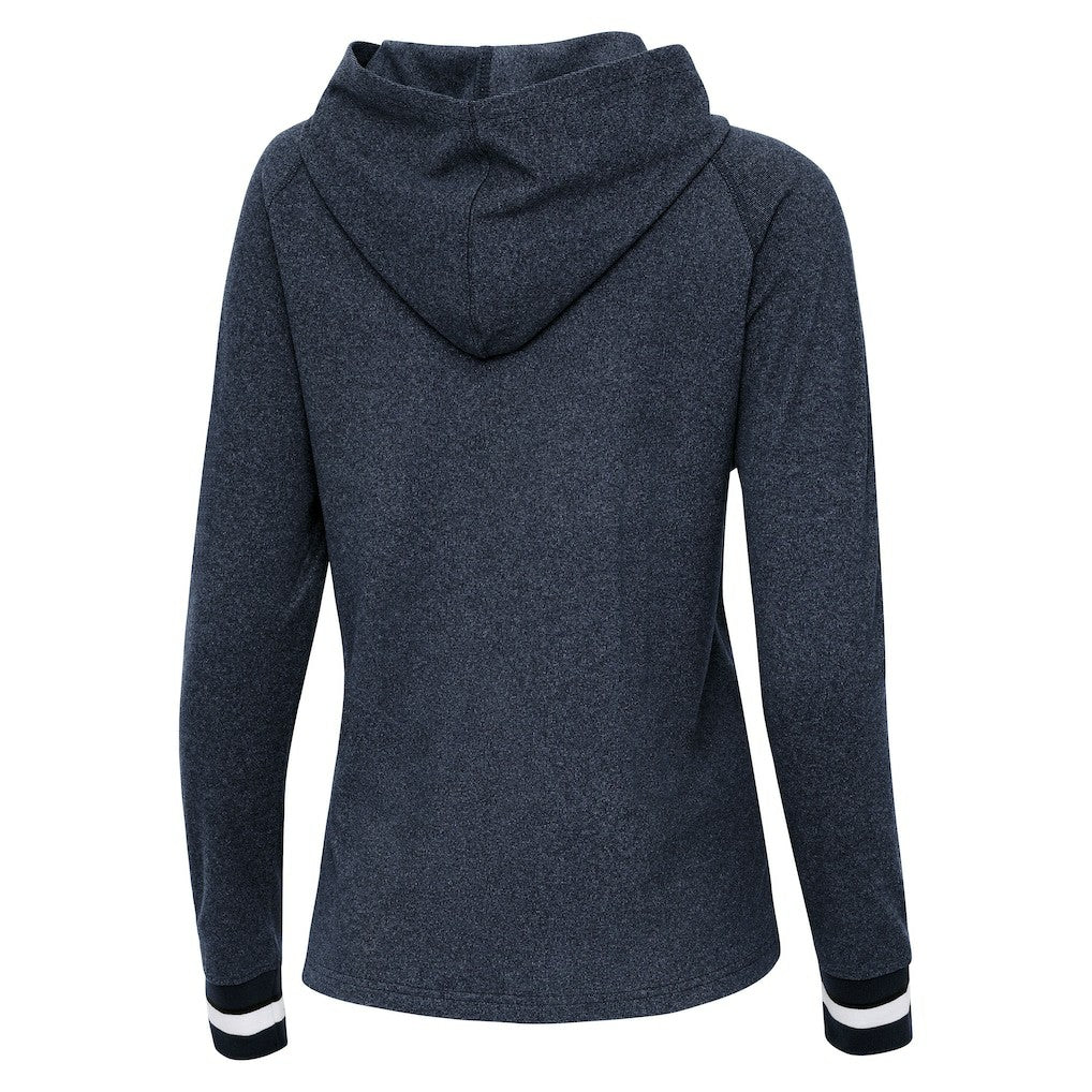 Denver Broncos Antigua Women's Trek Raglan Pullover Hoodie - Heather Navy Hoodies