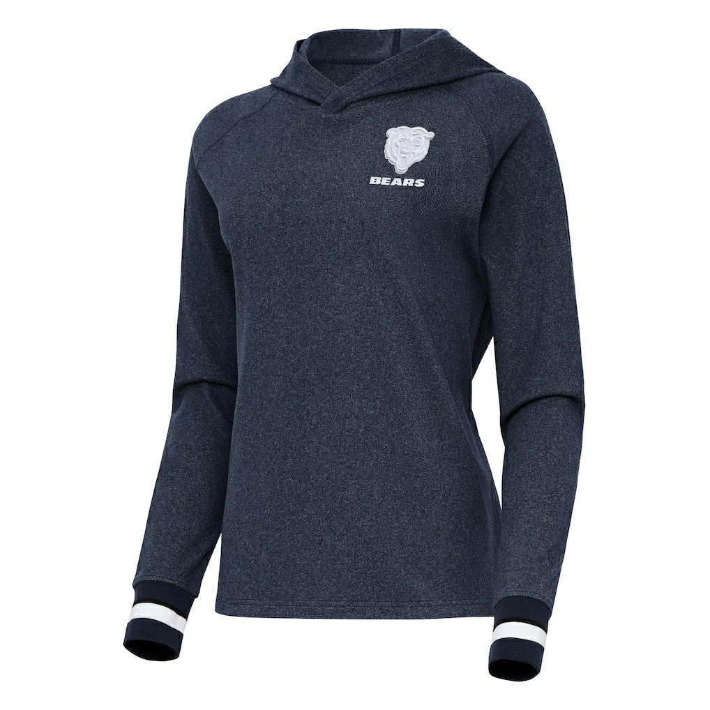 Chicago Bears Antigua Women's Trek Raglan Pullover Hoodie - Heather Navy Hoodies