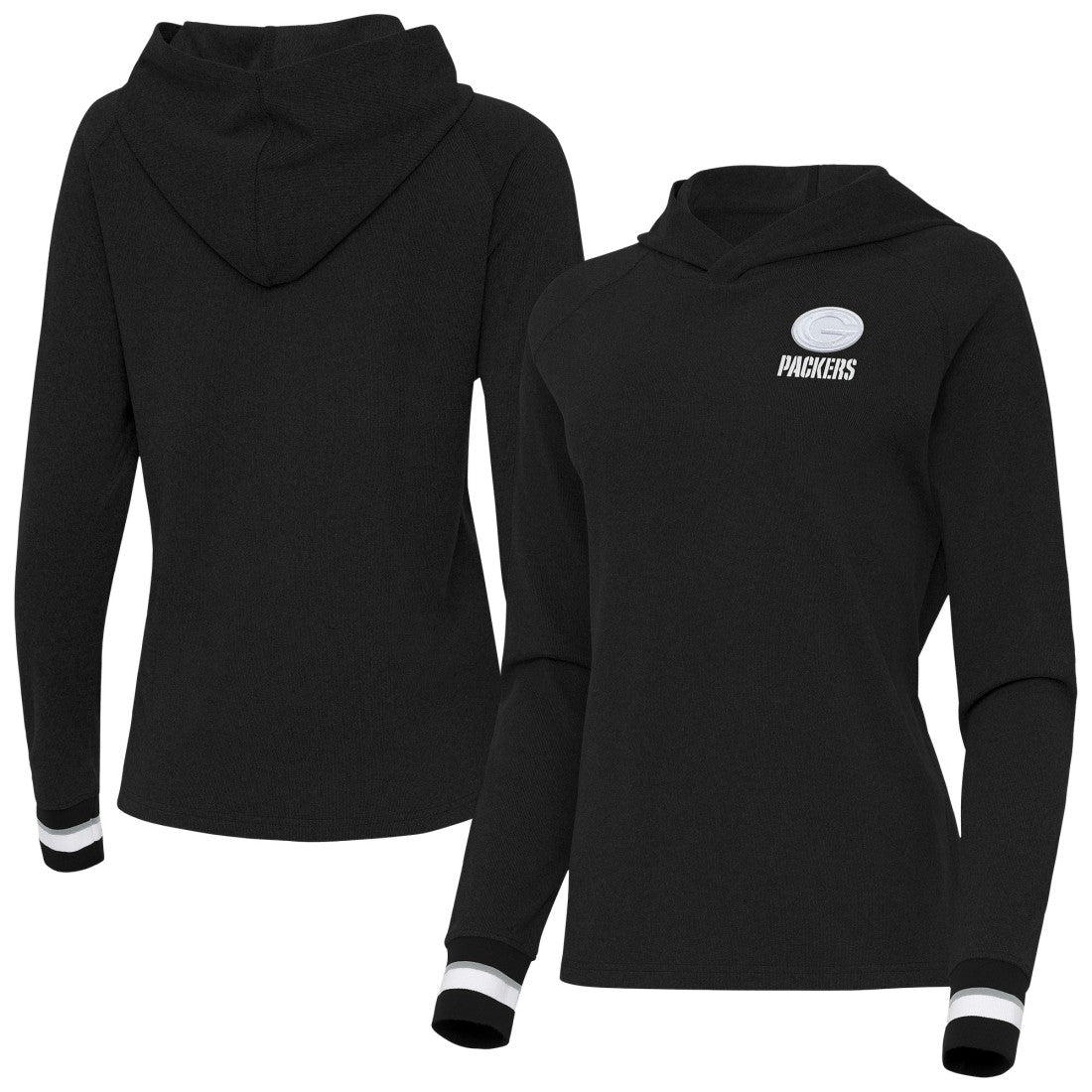 Green Bay Packers Antigua Women's Trek Raglan Pullover Hoodie - Black Hoodies