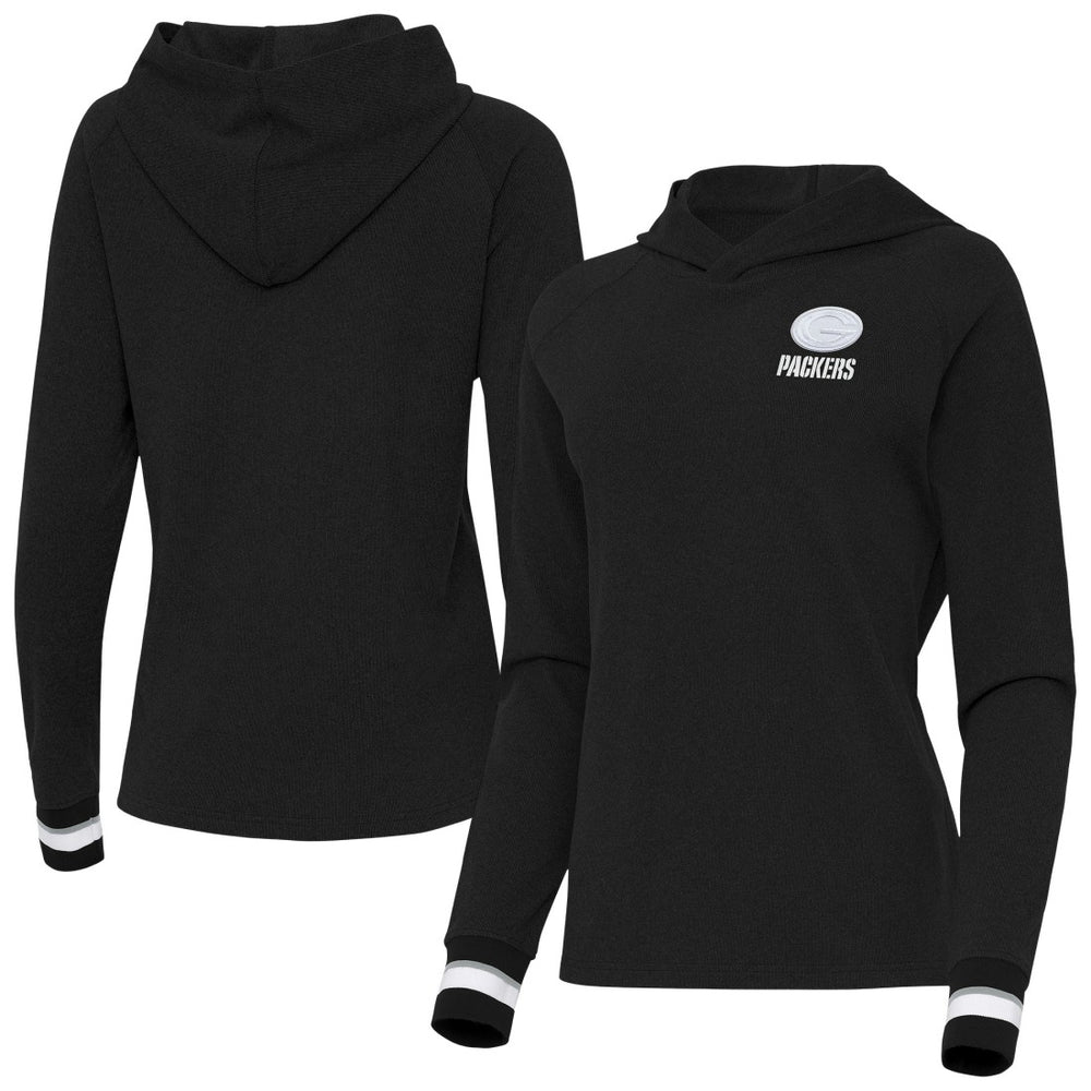 Green Bay Packers Antigua Women's Trek Raglan Pullover Hoodie - Black Hoodies