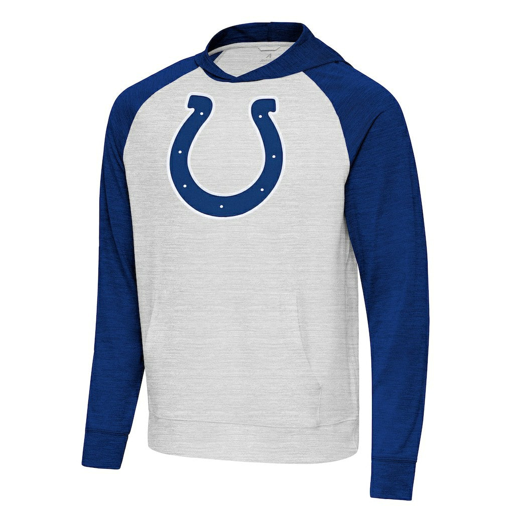 Indianapolis Colts Antigua Urgent Raglan Pullover Hoodie - Heather Gray/Heather Royal Hoodies