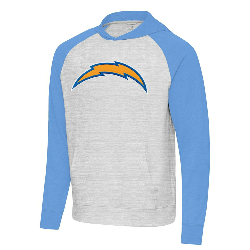 Los Angeles Chargers Antigua Urgent Raglan Pullover Hoodie - Heather Gray/Heather Powder Blue Hoodies