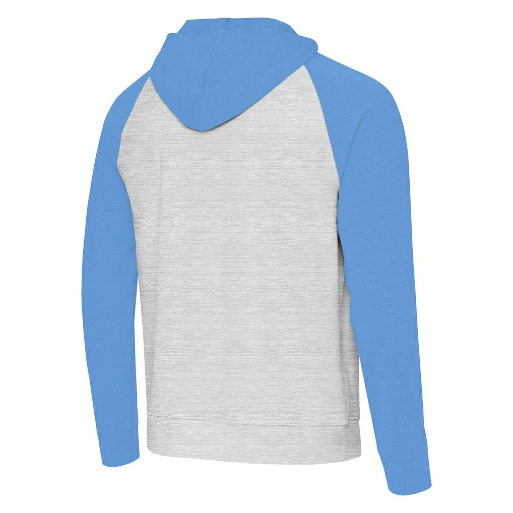 Los Angeles Chargers Antigua Urgent Raglan Pullover Hoodie - Heather Gray/Heather Powder Blue Hoodies