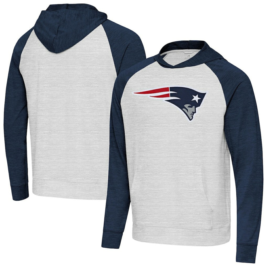 New England Patriots Antigua Urgent Raglan Pullover Hoodie - Heather Gray/Heather Navy Hoodies