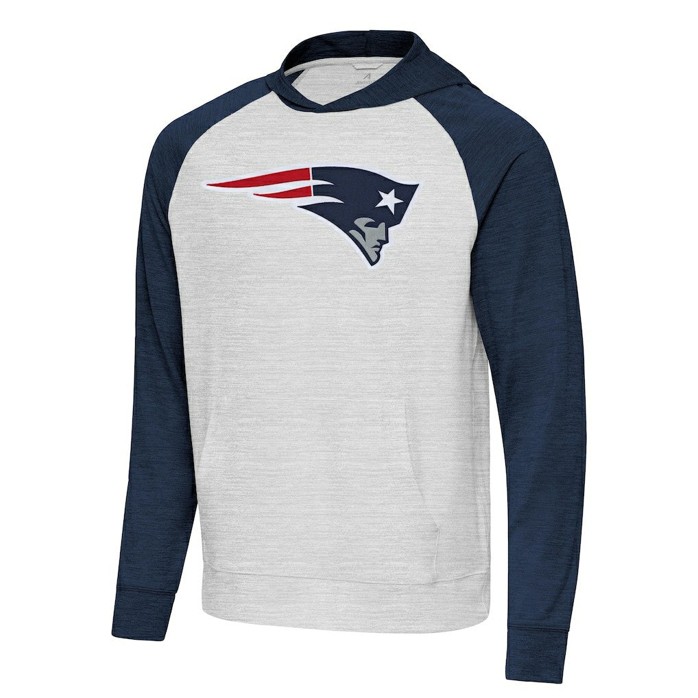 New England Patriots Antigua Urgent Raglan Pullover Hoodie - Heather Gray/Heather Navy Hoodies