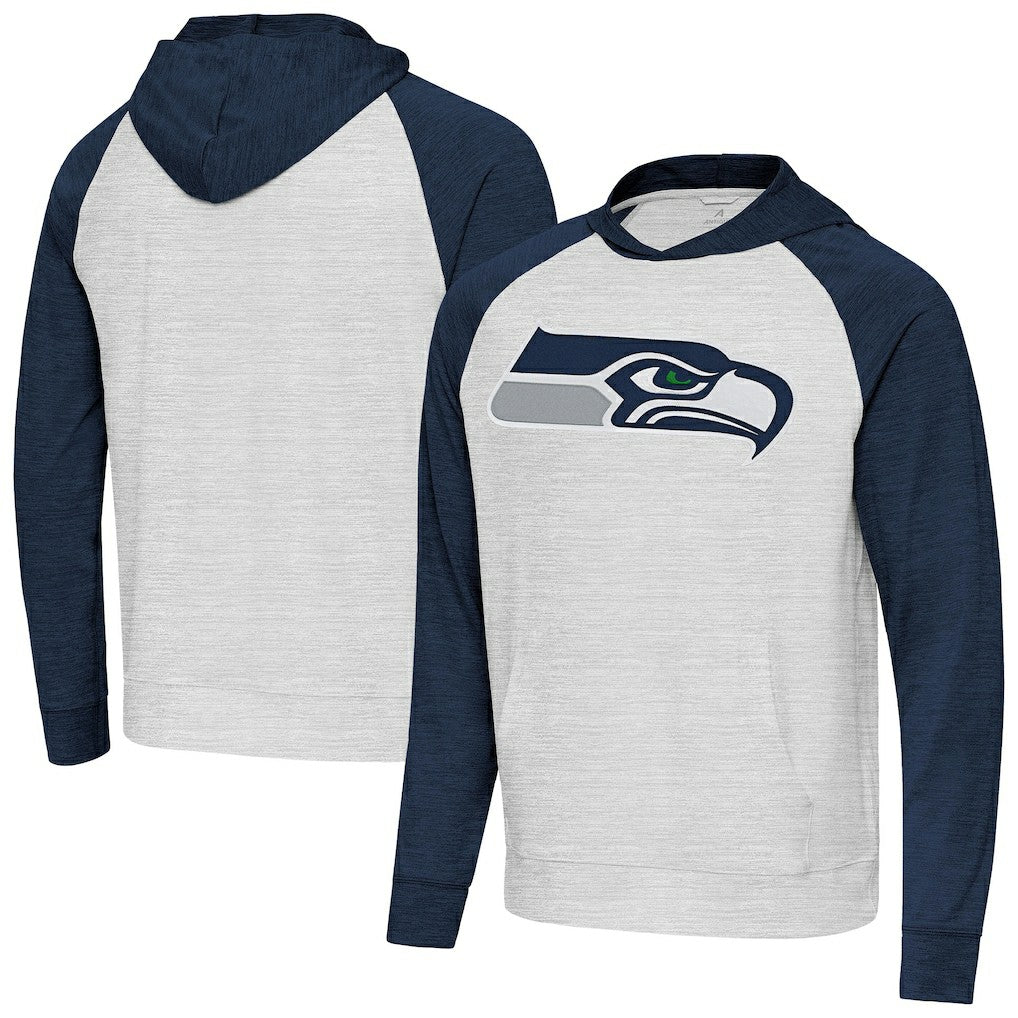 Seattle Seahawks Antigua Urgent Raglan Pullover Hoodie - Heather Gray/Heather College Navy Hoodies