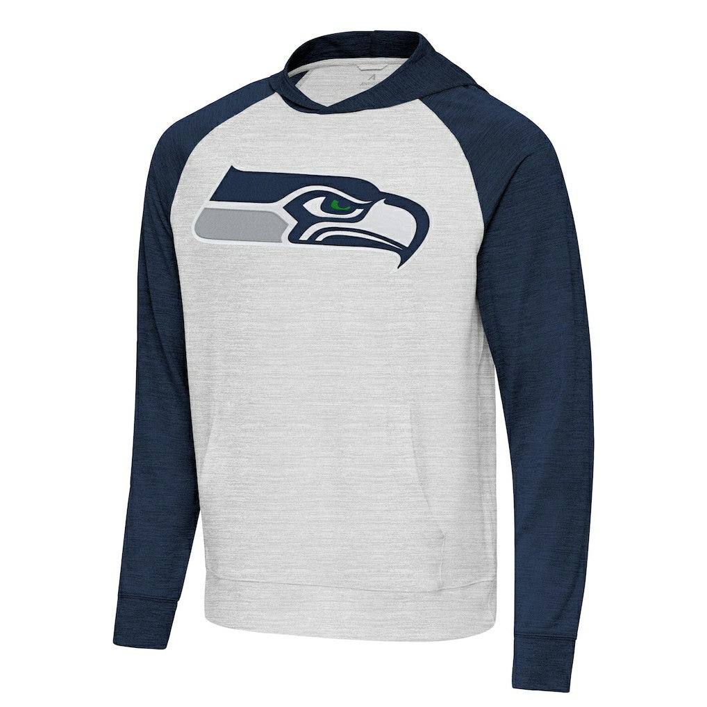 Seattle Seahawks Antigua Urgent Raglan Pullover Hoodie - Heather Gray/Heather College Navy Hoodies