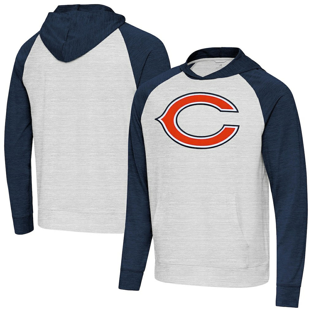 Chicago Bears Antigua Urgent Raglan Pullover Hoodie - Heather Gray/Heather Navy Hoodies