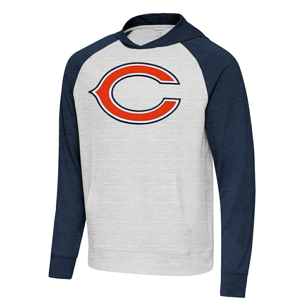 Chicago Bears Antigua Urgent Raglan Pullover Hoodie - Heather Gray/Heather Navy Hoodies