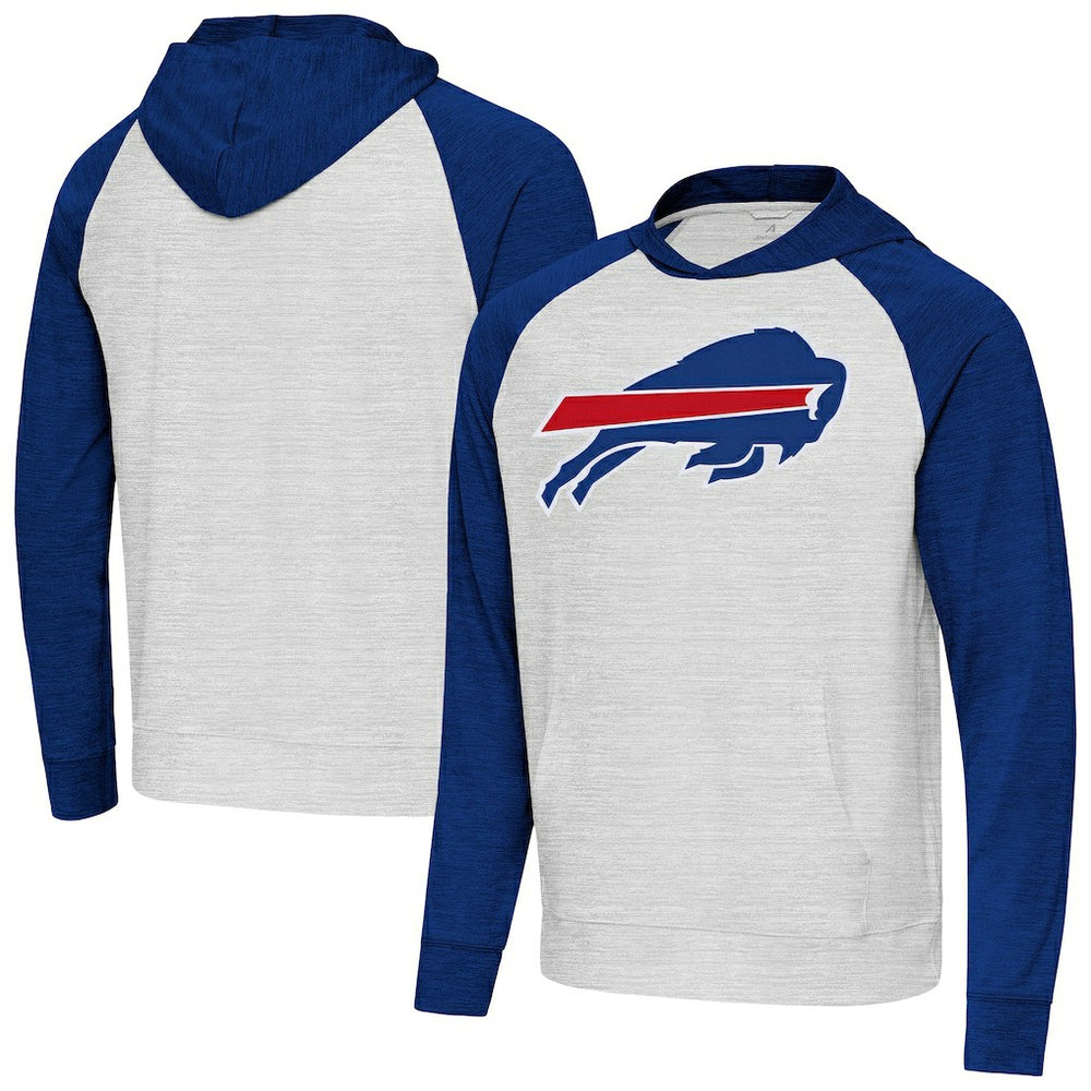 Buffalo Bills Antigua Urgent Raglan Pullover Hoodie - Heather Gray/Heather Royal Hoodies