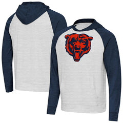 Chicago Bears Antigua Urgent Raglan Pullover Hoodie - Heather Gray/Heather Navy Hoodies