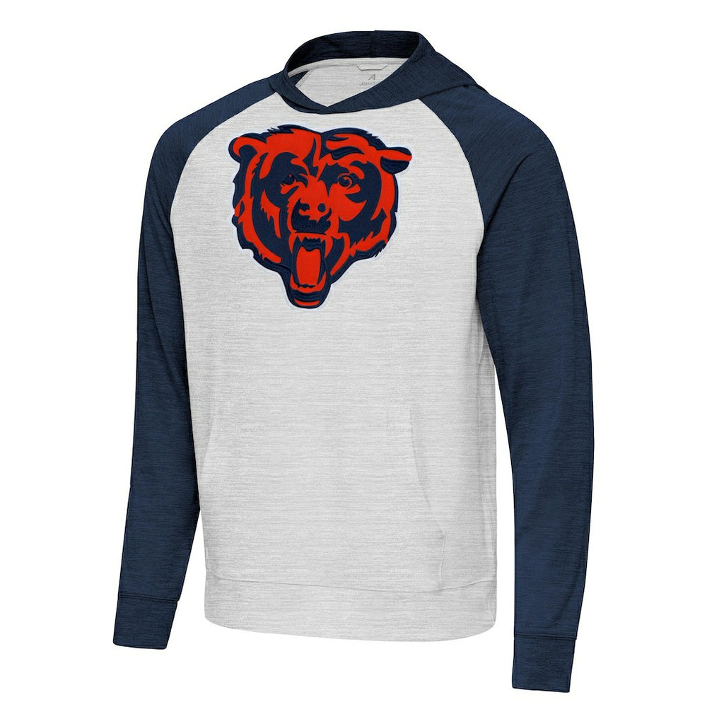 Chicago Bears Antigua Urgent Raglan Pullover Hoodie - Heather Gray/Heather Navy Hoodies