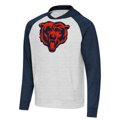 Chicago Bears Antigua Urgent Raglan Pullover Hoodie - Heather Gray/Heather Navy Hoodies