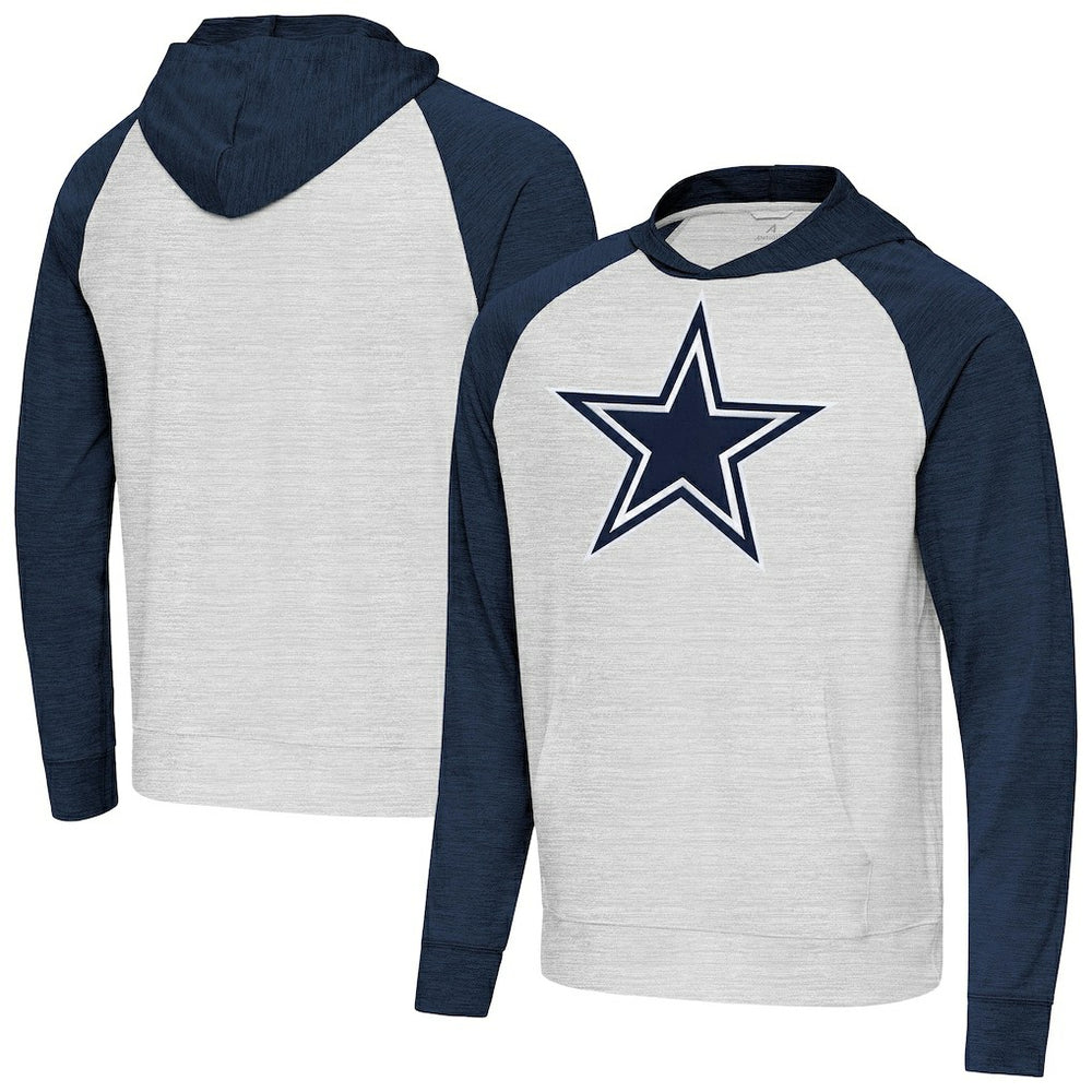 Dallas Cowboys Antigua Urgent Raglan Pullover Hoodie - Heather Gray/Heather Navy Hoodies