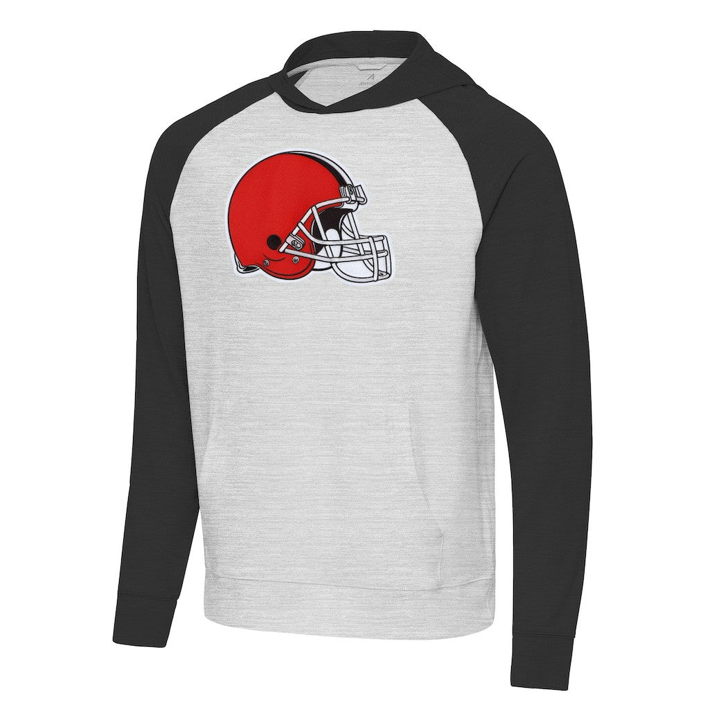 Cleveland Browns Antigua Urgent Raglan Pullover Hoodie - Heather Gray/Black Hoodies