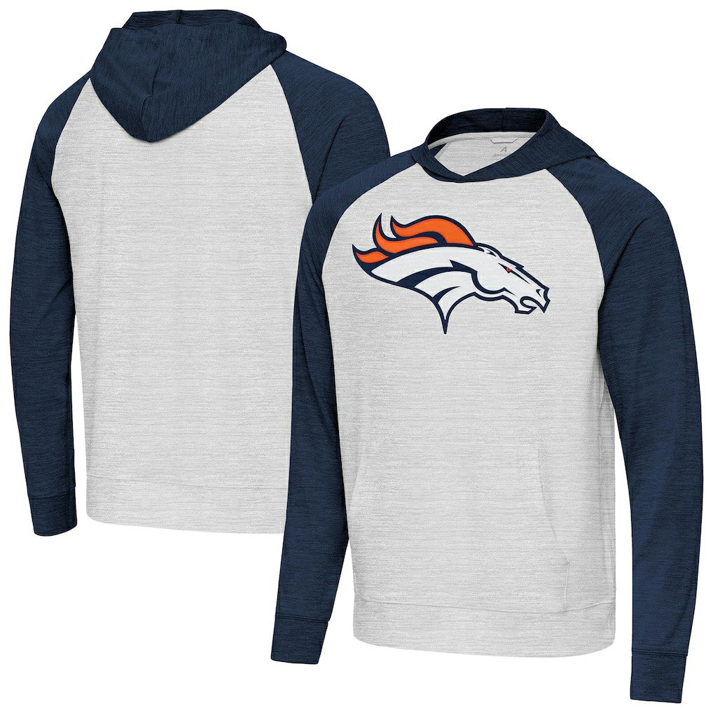 Denver Broncos Antigua Urgent Raglan Pullover Hoodie - Heather Gray/Heather Navy Hoodies