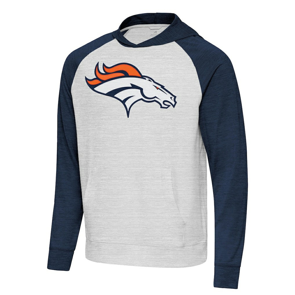 Denver Broncos Antigua Urgent Raglan Pullover Hoodie - Heather Gray/Heather Navy Hoodies