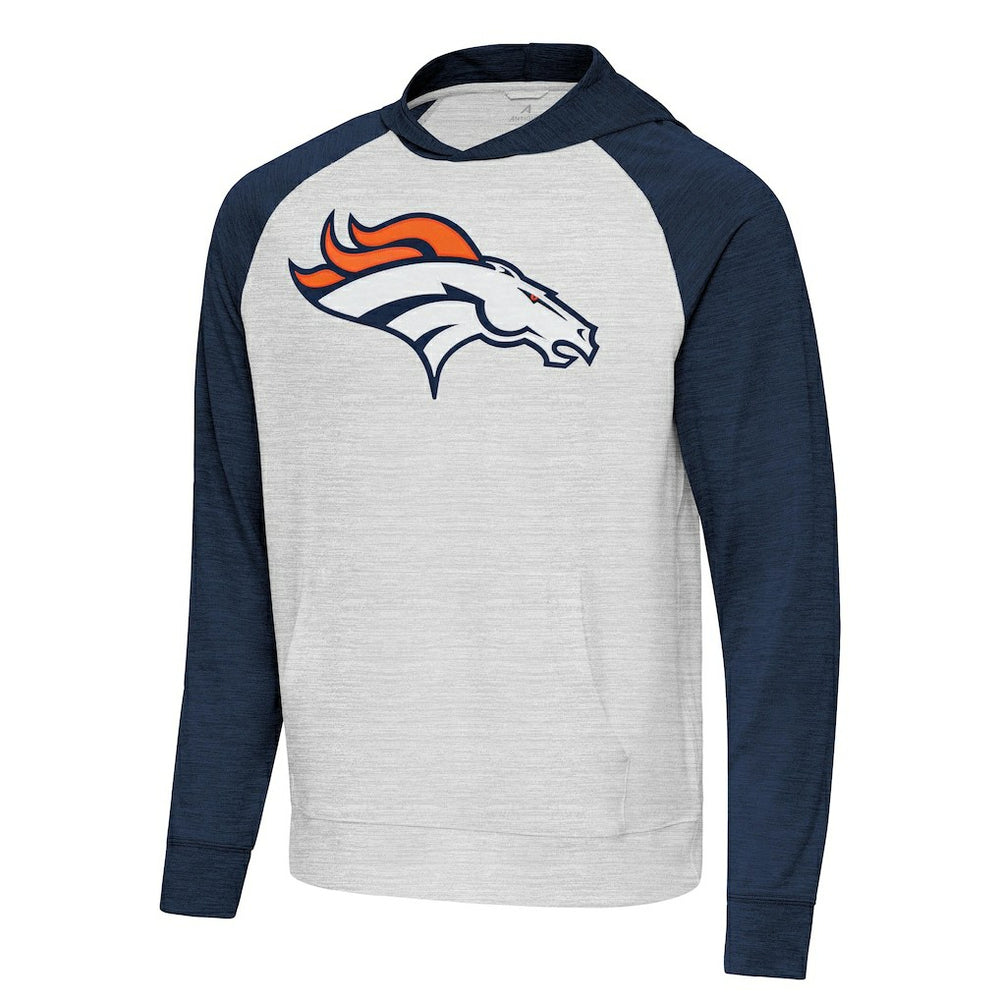 Denver Broncos Antigua Urgent Raglan Pullover Hoodie - Heather Gray/Heather Navy Hoodies