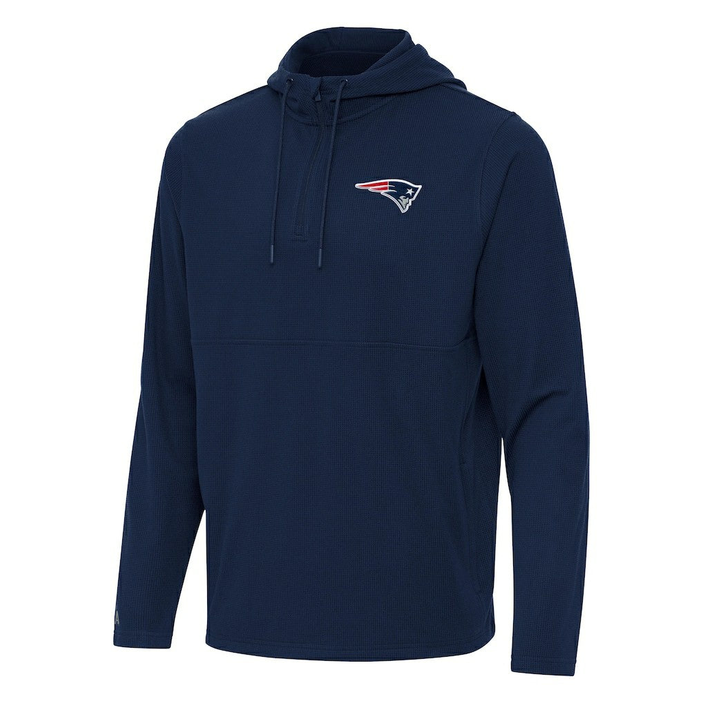 New England Patriots Antigua Connected Quarter-Zip Pullover Hoodie - Navy Hoodies