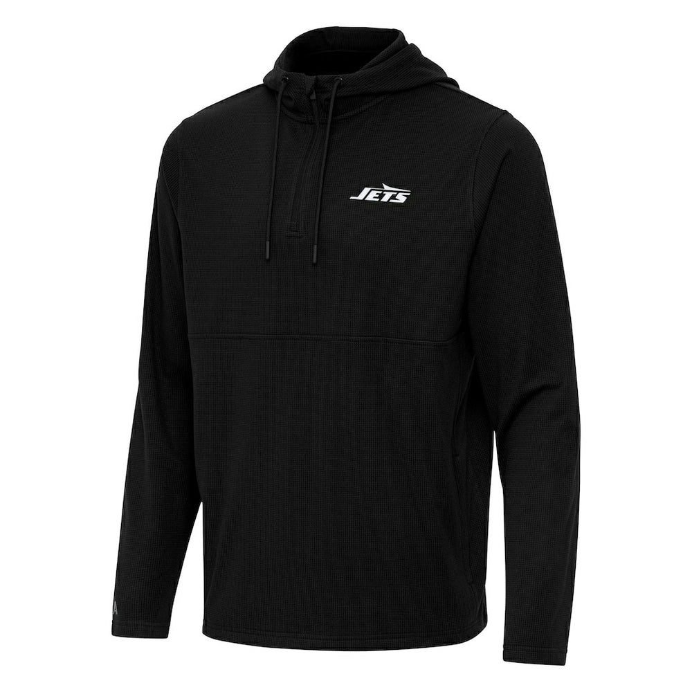 New York Jets Antigua Connected Quarter-Zip Pullover Hoodie - Black Hoodies