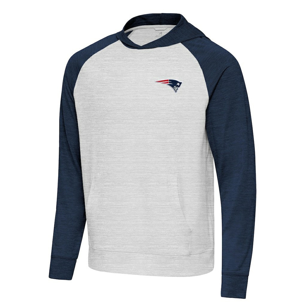 New England Patriots Antigua Urgent Pullover Hoodie - Heather Navy/Gray Hoodies