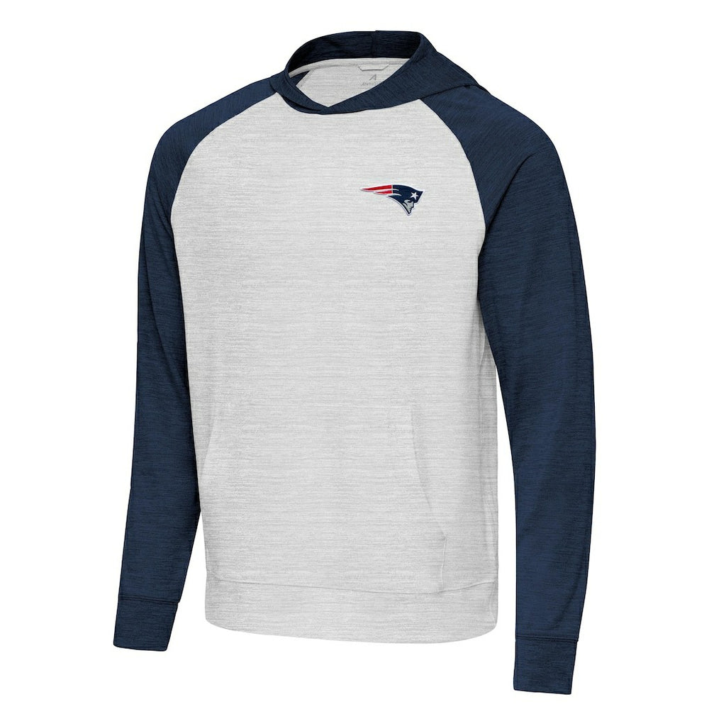 New England Patriots Antigua Urgent Pullover Hoodie - Heather Navy/Gray Hoodies