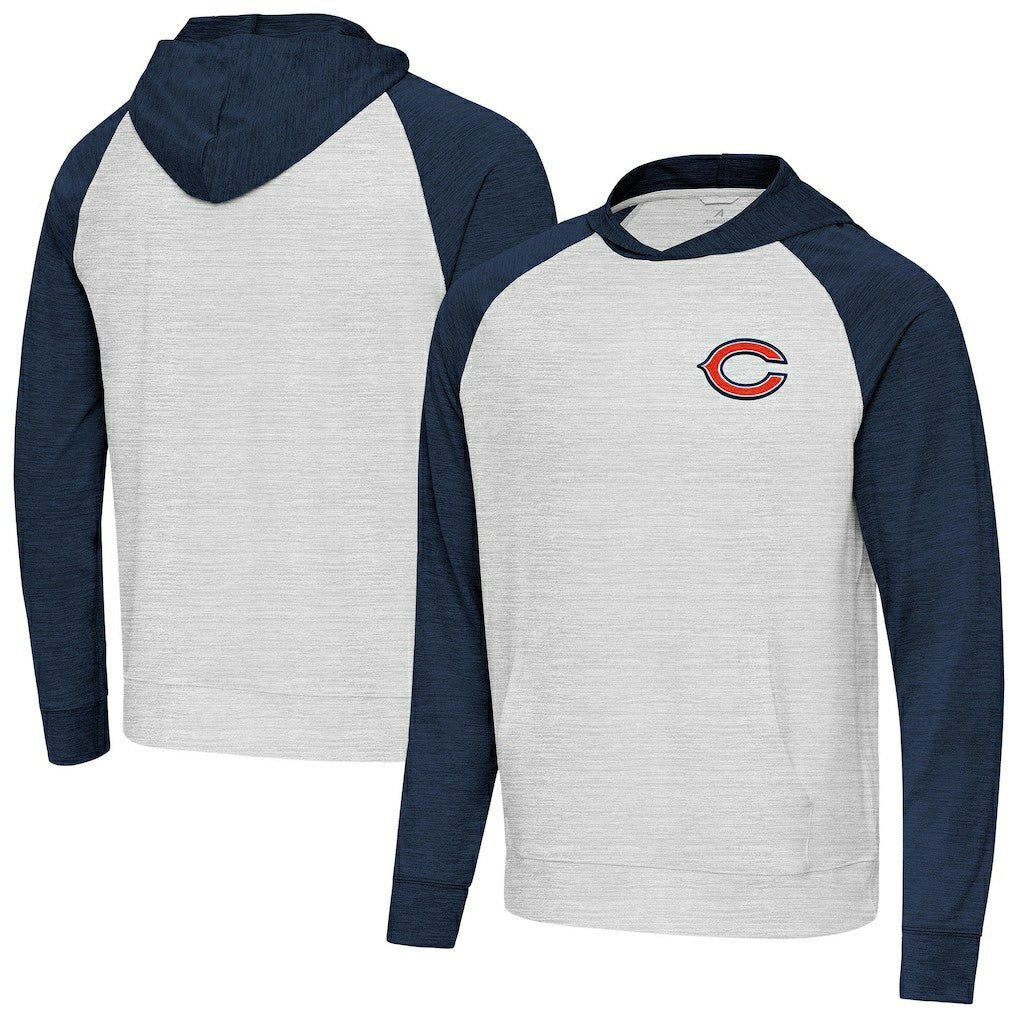 Chicago Bears Antigua Urgent Pullover Hoodie - Heather Navy/Gray Hoodies