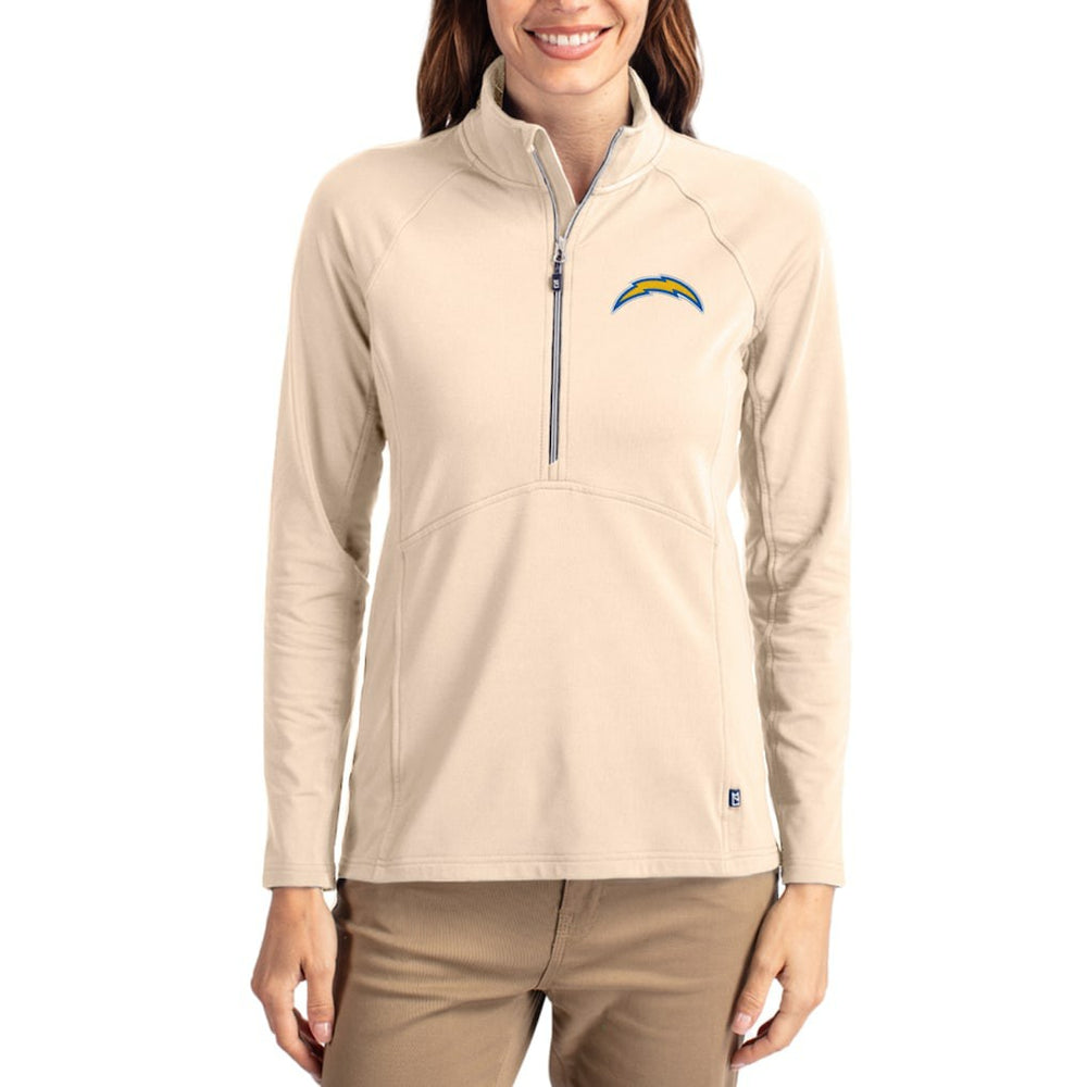 Los Angeles Chargers Cutter & Buck Women's Adapt Eco Knit Stretch Recycled Raglan Half-Zip Pullover - Tan Pullover