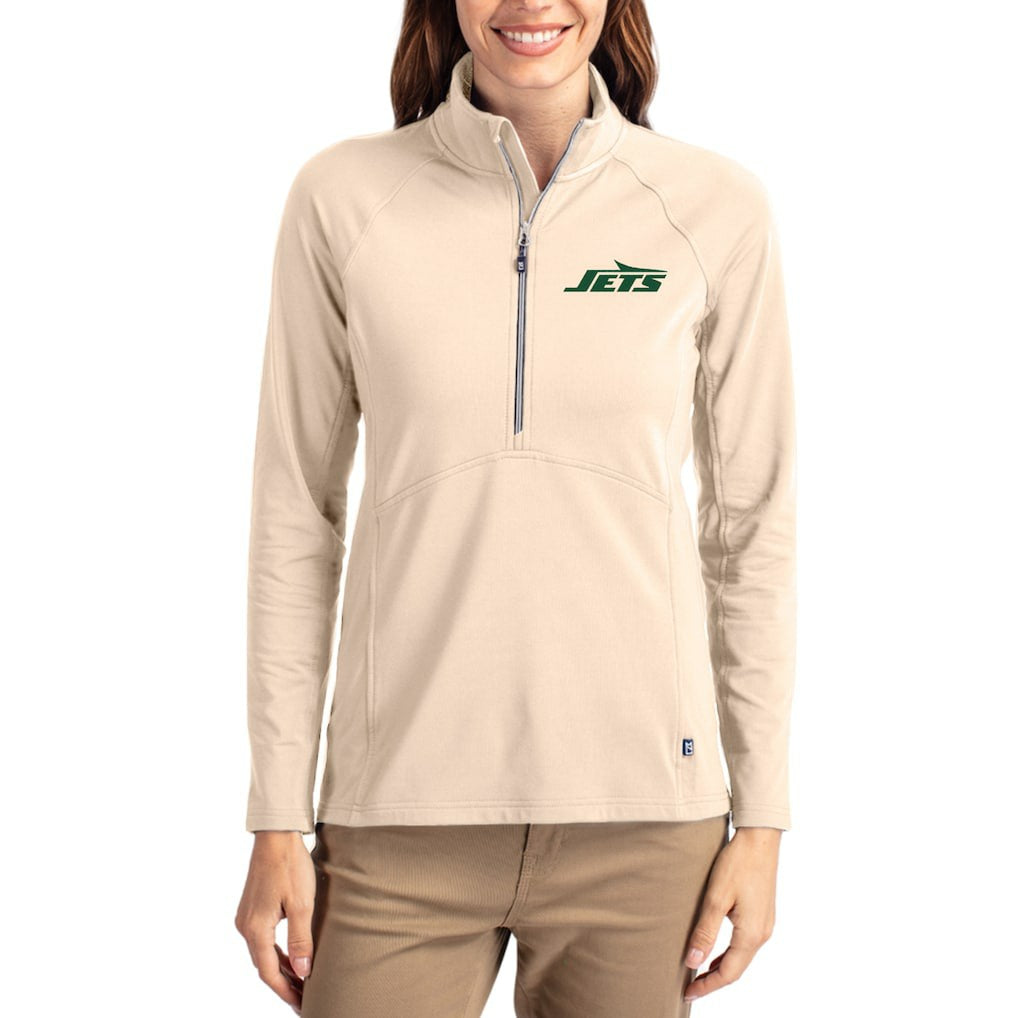 New York Jets Cutter & Buck Women's Adapt Eco Knit Stretch Recycled Raglan Half-Zip Pullover - Tan Pullover