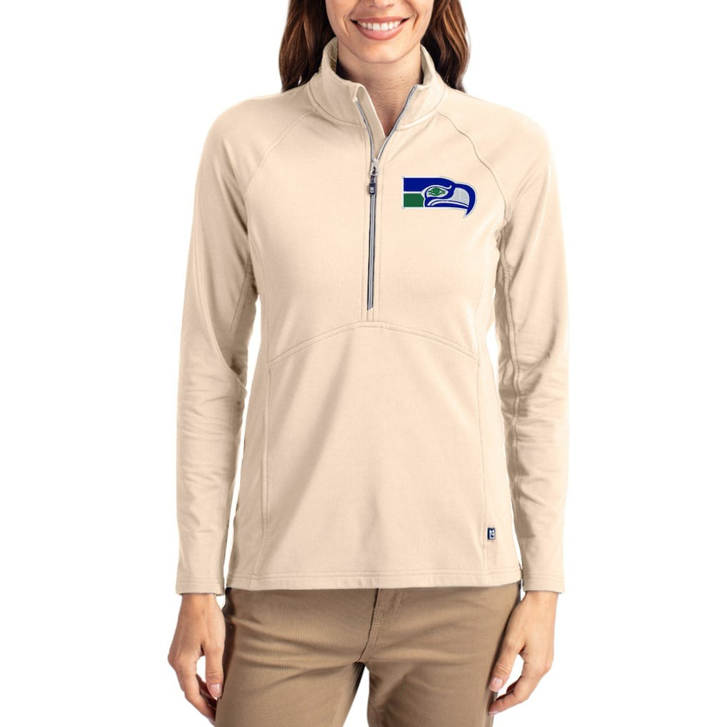 Seattle Seahawks Cutter & Buck Women's Throwback Adapt Eco Knit Stretch Recycled Raglan Half-Zip Pullover - Tan Pullover