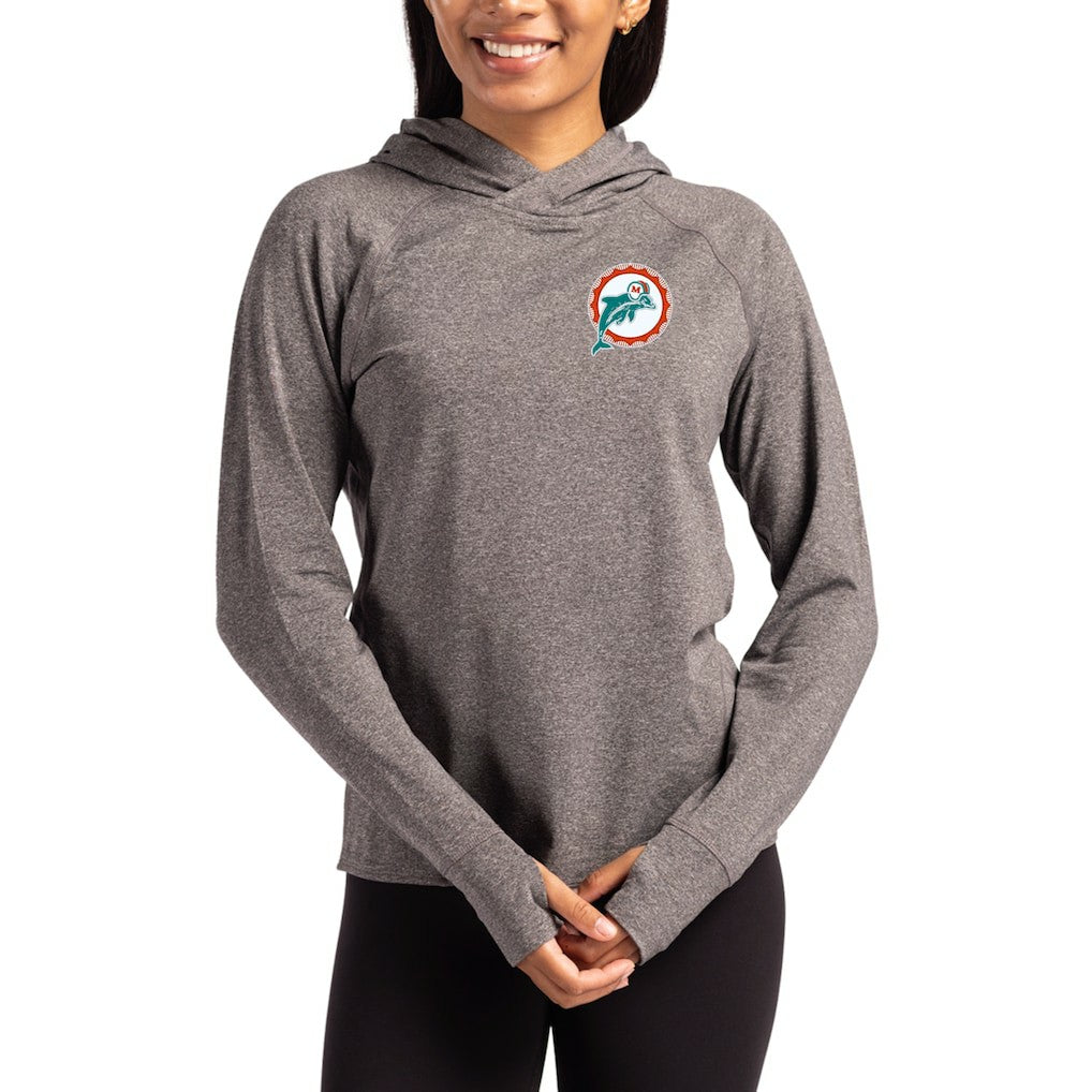 Miami Dolphins Cutter & Buck Women's Throwback Logo Adapt Knit Recycled Raglan Pullover Hoodie - Heather Charcoal Hoodies