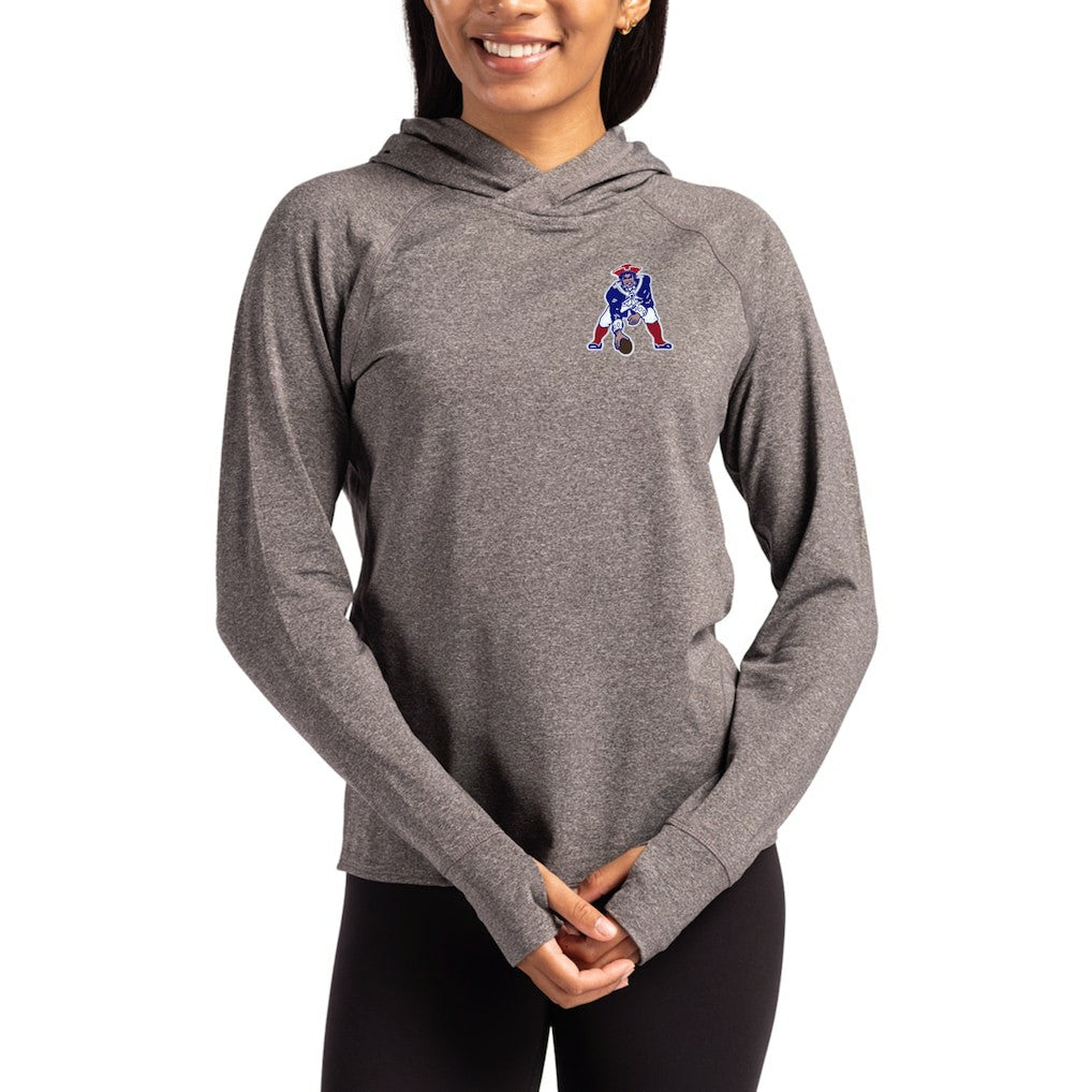 New England Patriots Cutter & Buck Women's Throwback Logo Adapt Knit Recycled Raglan Pullover Hoodie - Heather Charcoal Hoodies