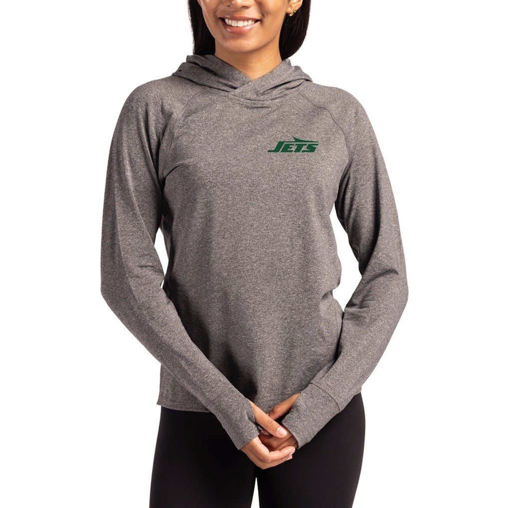 New York Jets Cutter & Buck Women's Primary Logo Adapt Knit Recycled Raglan Pullover Hoodie - Heather Charcoal Hoodies