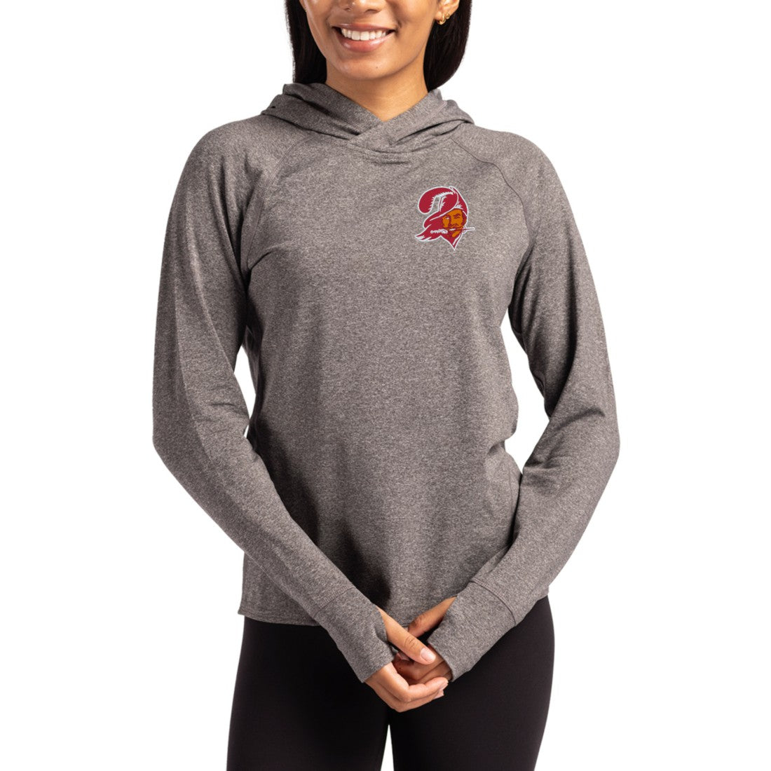 Tampa Bay Buccaneers Cutter & Buck Women's Throwback Logo Adapt Knit Recycled Raglan Pullover Hoodie - Heather Charcoal Hoodies