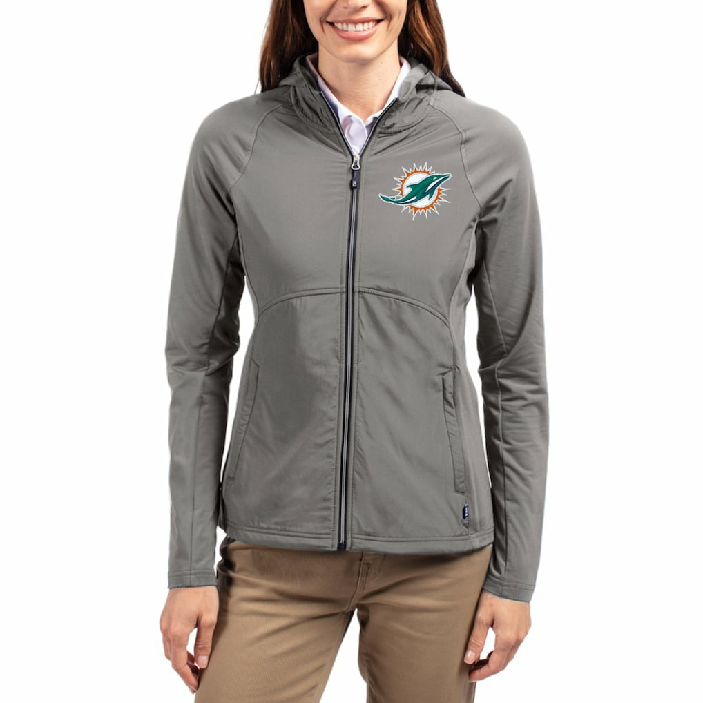 Miami Dolphins Cutter & Buck Women's Adapt Eco Knit Hybrid Recycled Raglan Full-Zip Hoodie Jacket - Gray Hoodies