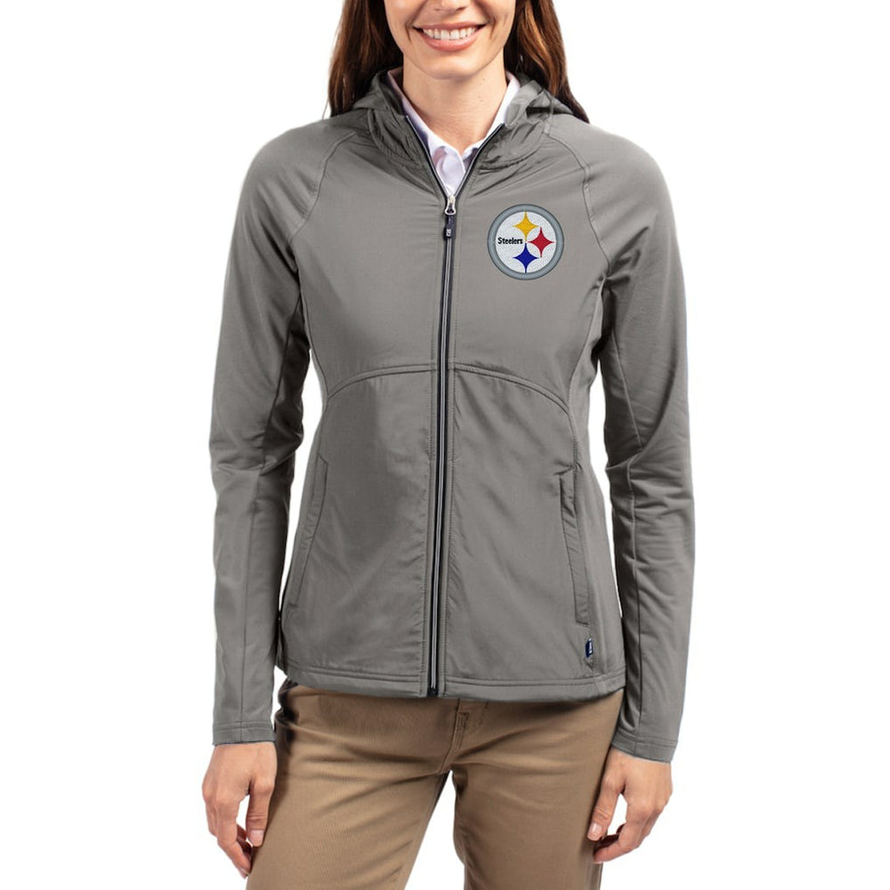 Pittsburgh Steelers Cutter & Buck Women's Adapt Eco Knit Hybrid Recycled Raglan Full-Zip Hoodie Jacket - Gray Hoodies