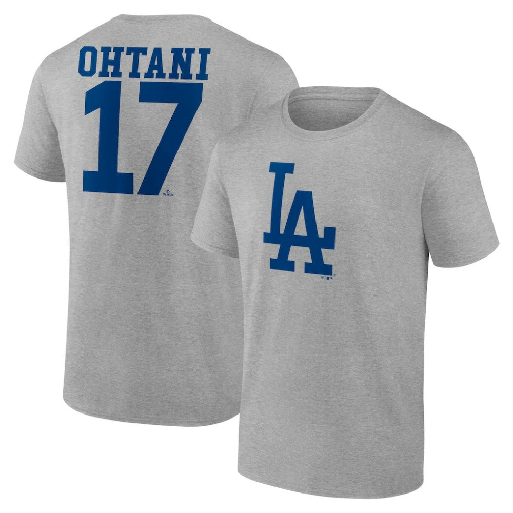 Shohei Ohtani Los Angeles Dodgers Player Name & Number T-Shirt - Heather Gray T-shirts