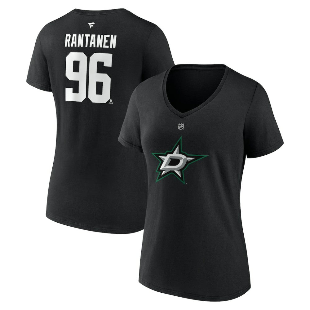 Mikko Rantanen Dallas Stars Fanatics Women's Authentic Stack Name & Number V-Neck T-Shirt - Black | US 203171125
