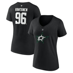 Mikko Rantanen Dallas Stars Fanatics Women's Authentic Stack Name & Number V-Neck T-Shirt - Black | US 203171125