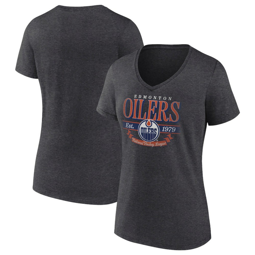 Edmonton Oilers Women's Retro Banner V-Neck T-Shirt - Charcoal | US 203175582