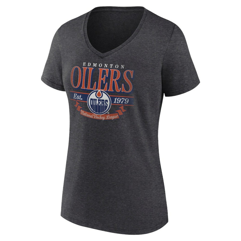 Edmonton Oilers Women's Retro Banner V-Neck T-Shirt - Charcoal | US 203175582