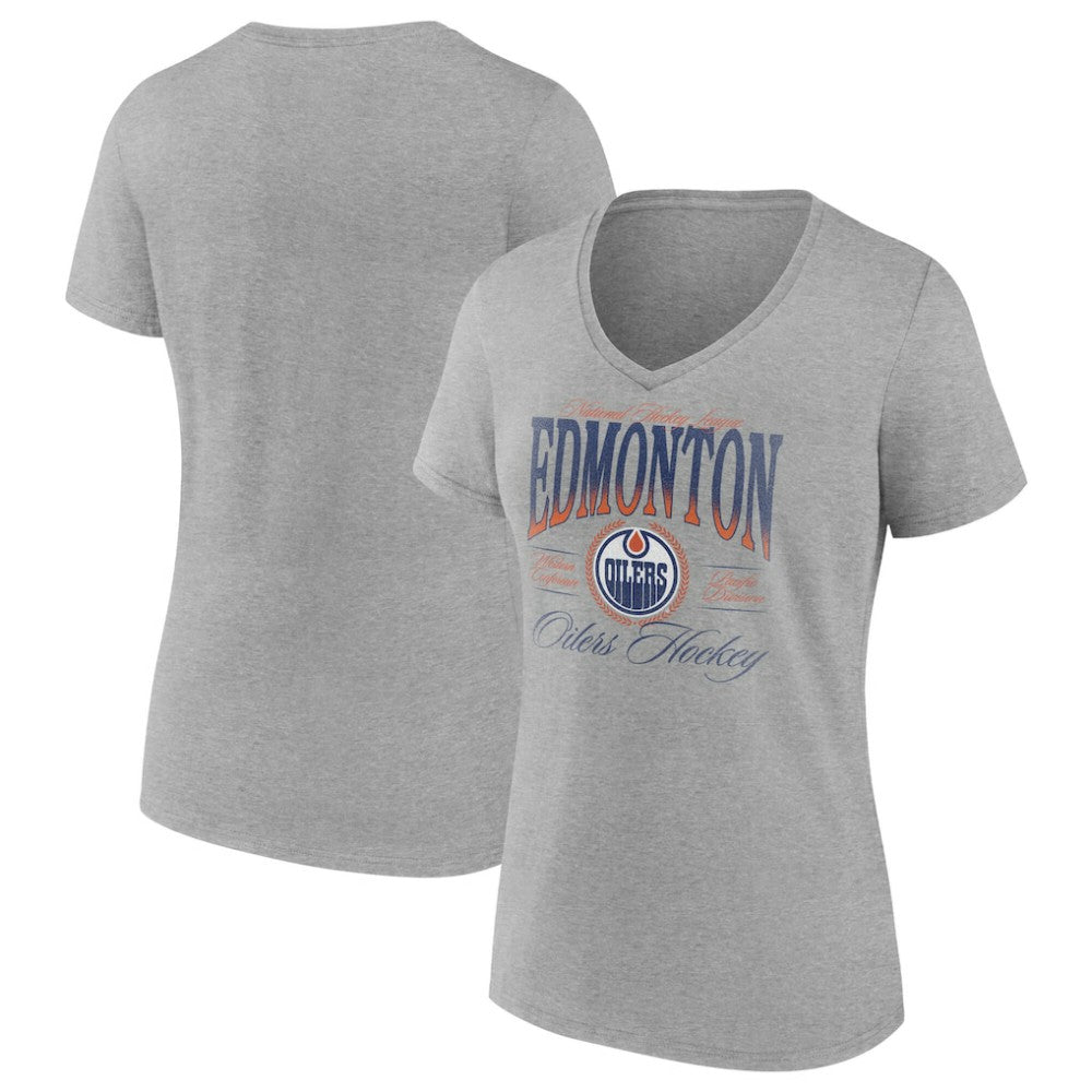 Edmonton Oilers Women's Retro Script V-Neck T-Shirt - Gray | US 203175586