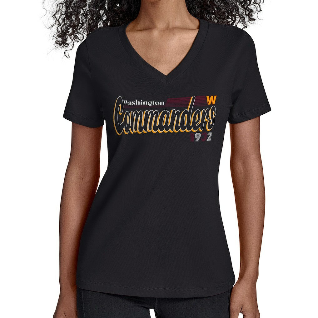 Washington Commanders Starter Women's Groovy Script V-Neck T-Shirt - Black T-shirts