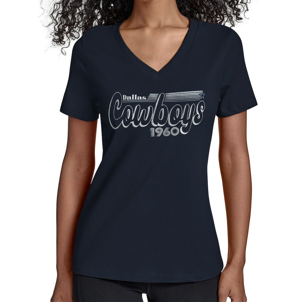 Dallas Cowboys Starter Women's Groovy Script V-Neck T-Shirt - Navy T-shirts