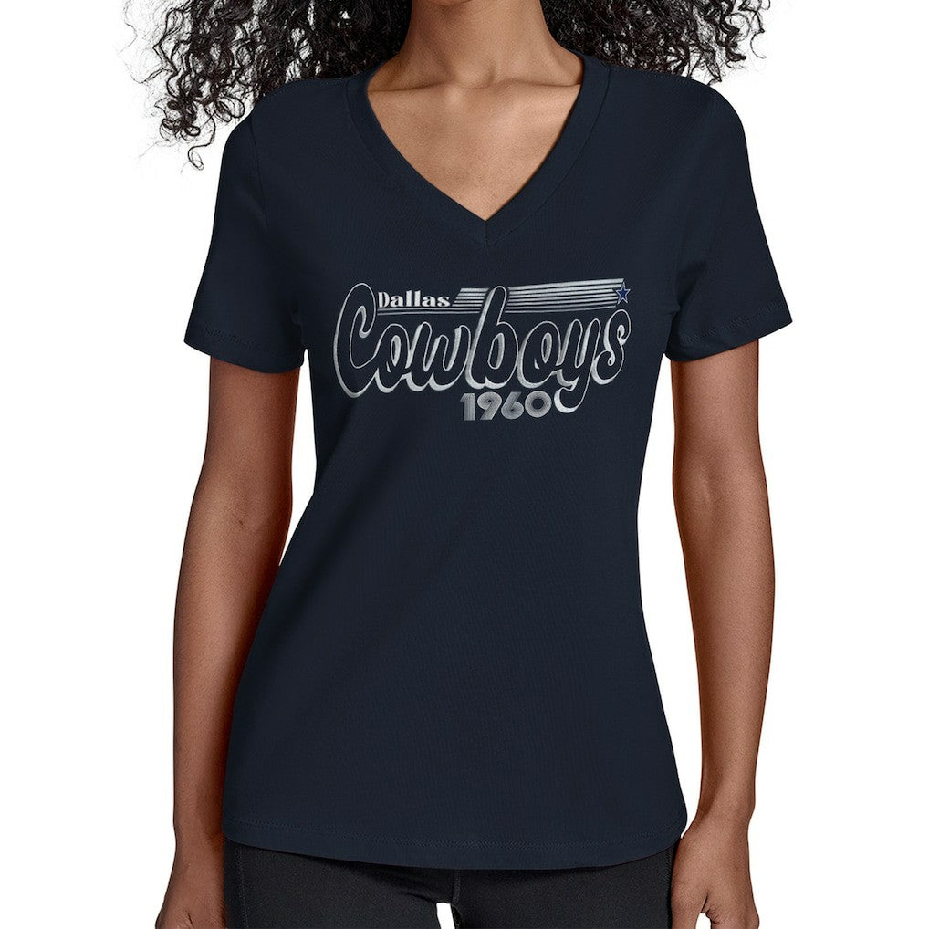 Dallas Cowboys Starter Women's Groovy Script V-Neck T-Shirt - Navy T-shirts