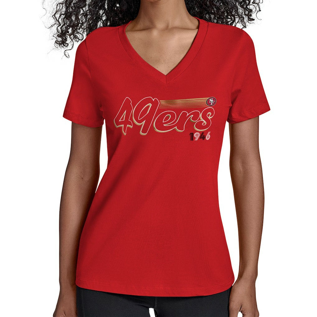 San Francisco 49ers Starter Women's Groovy Script V-Neck T-Shirt - Scarlet T-shirts