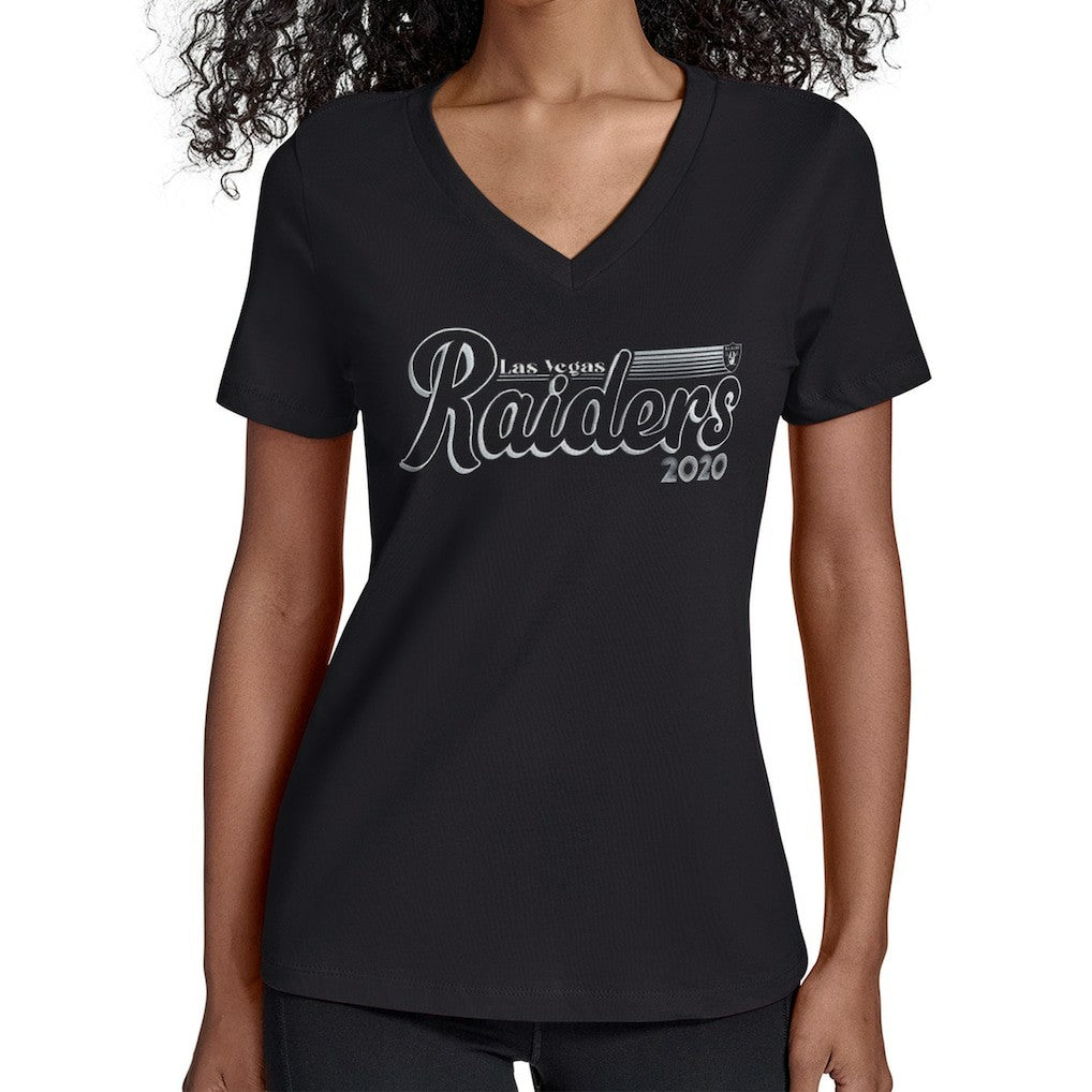 Las Vegas Raiders Starter Women's Groovy Script V-Neck T-Shirt - Black T-shirts